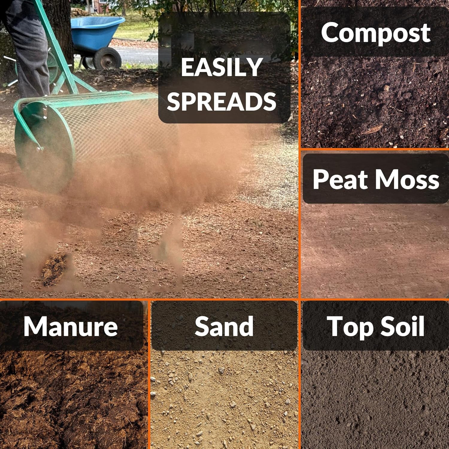 The Original 24 Inch Compost and Peat Moss Spreader Roller - Top Soil, Sand, Manure, Mulch, Top Dressing Lawn and Garden Spreader