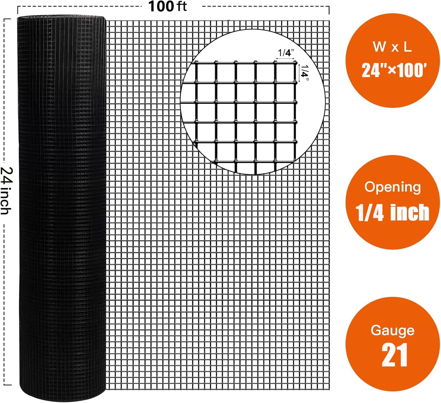 24 inch×100 ft Black Vinyl Coated Hardware Cloth, 21 Gauge 1/4 inch Black PVC Hardware Cloth, Black Welded Wire Fence Supports Poultry-Netting Cage-Home Improvement and Chicken Coop
