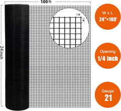 24 inch×100 ft Black Vinyl Coated Hardware Cloth, 21 Gauge 1/4 inch Black PVC Hardware Cloth, Black Welded Wire Fence Supports Poultry-Netting Cage-Home Improvement and Chicken Coop