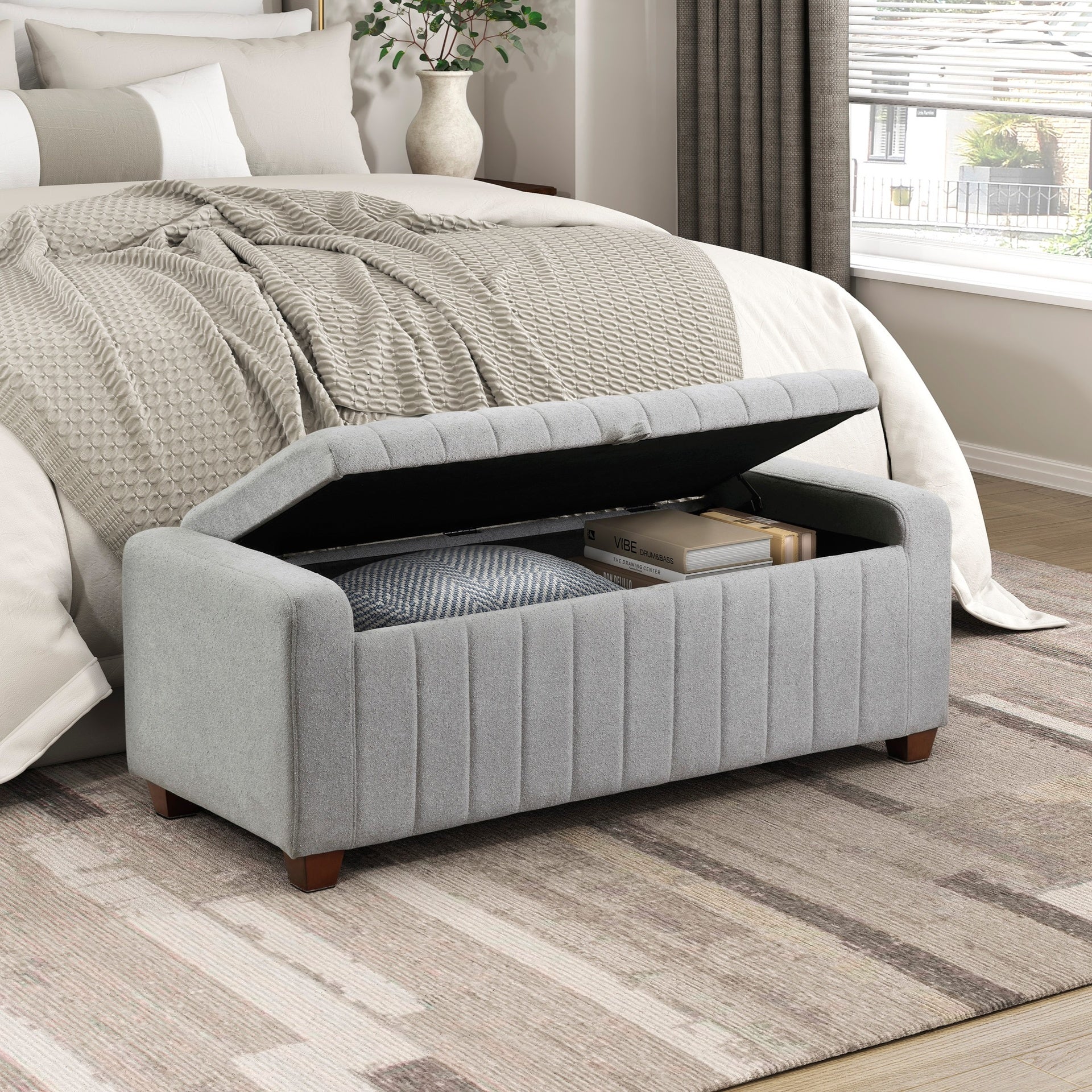Contemporary Upholstered Bench with Internal Storage 1pc Durable Plywood Frame Gray Boucle