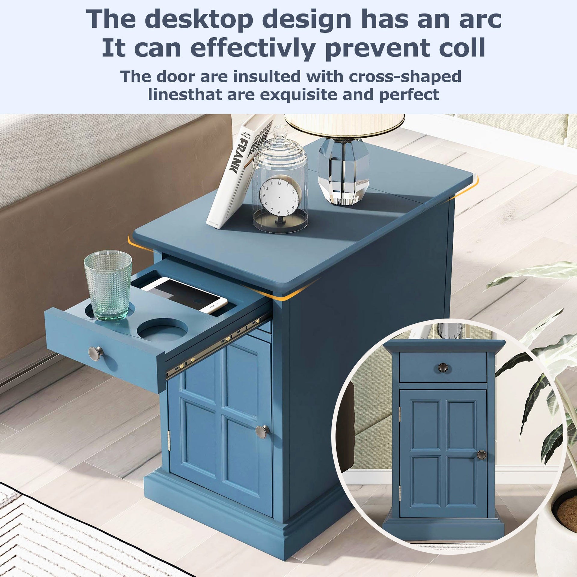U-Can Classic Vintage Livingroom End Table Side Table with USB Ports and One Multifunctional Drawer with cup holders, Antique Navy (Old SKU: WF296294AAM)