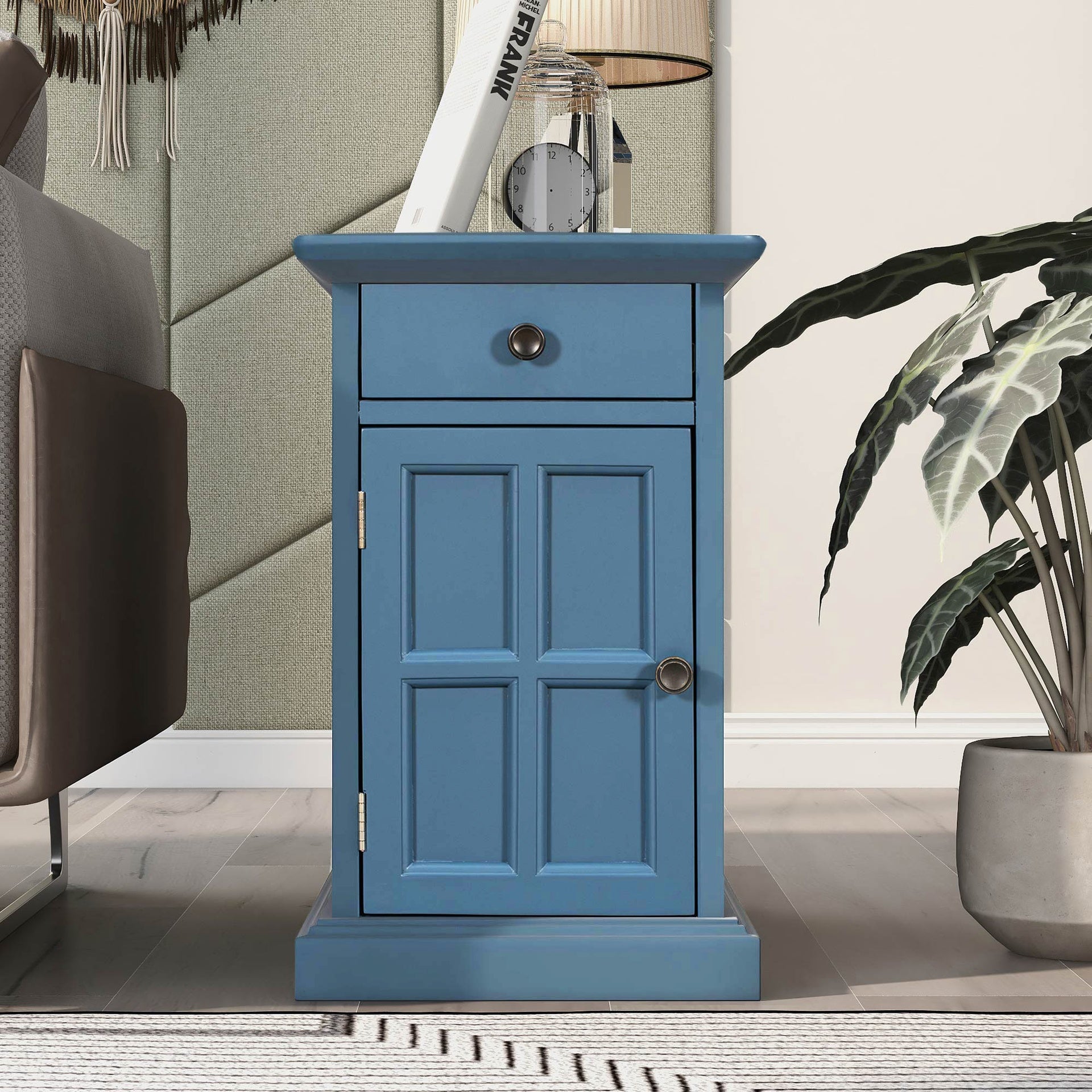 U-Can Classic Vintage Livingroom End Table Side Table with USB Ports and One Multifunctional Drawer with cup holders, Antique Navy (Old SKU: WF296294AAM)