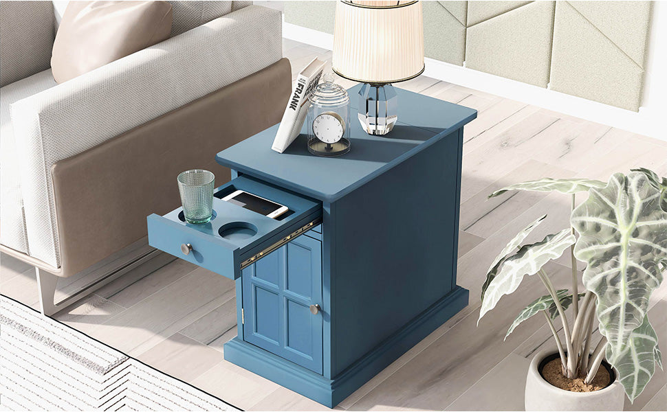 U-Can Classic Vintage Livingroom End Table Side Table with USB Ports and One Multifunctional Drawer with cup holders, Antique Navy (Old SKU: WF296294AAM)
