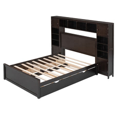 Full Size Wooden Bed With All-in-One Cabinet, Shelf and Sockets,Twin Size Trundle, Espresso