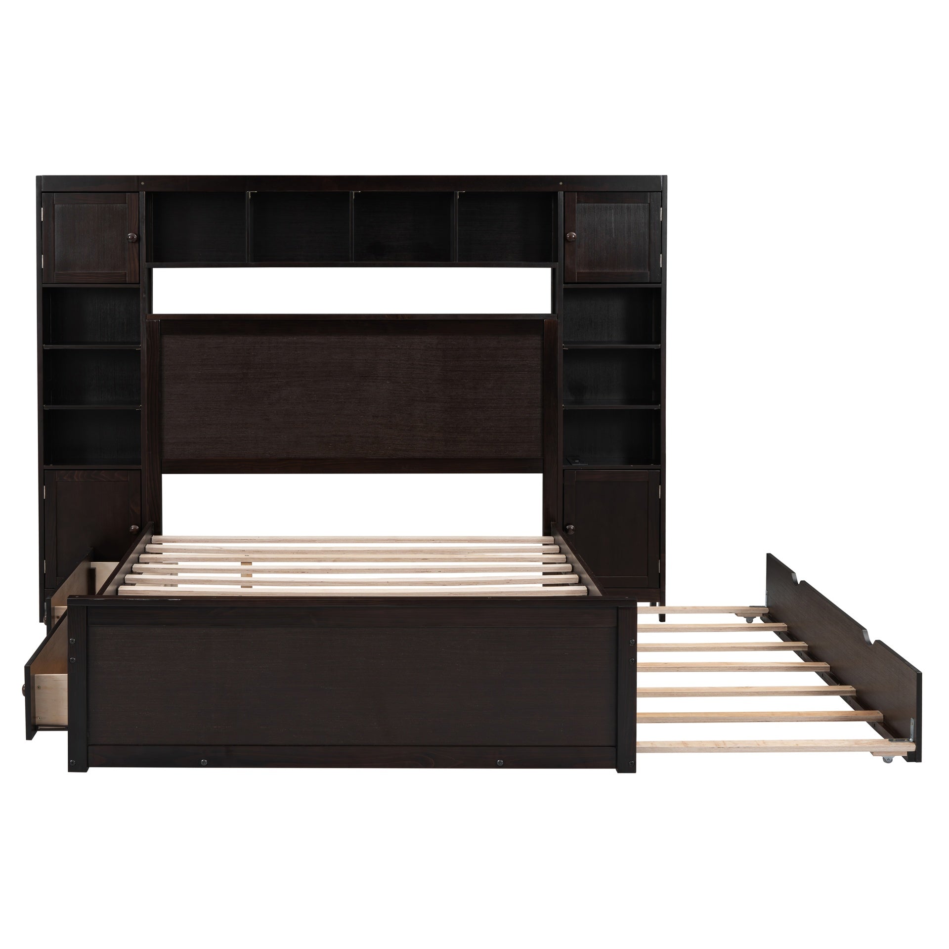 Full Size Wooden Bed With All-in-One Cabinet, Shelf and Sockets,Twin Size Trundle, Espresso