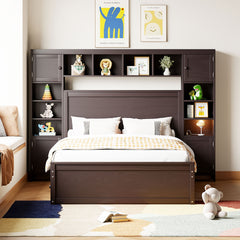 Full Size Wooden Bed With All-in-One Cabinet, Shelf and Sockets,Twin Size Trundle, Espresso