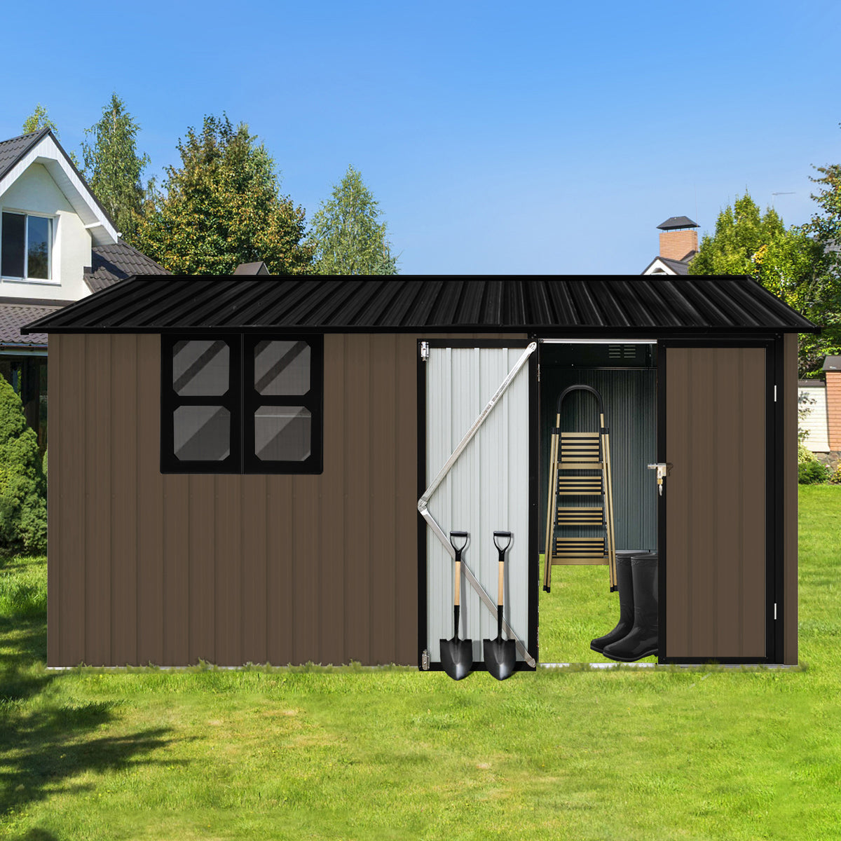 Metal garden sheds 12ftx10ft outdoor storage sheds brown with window