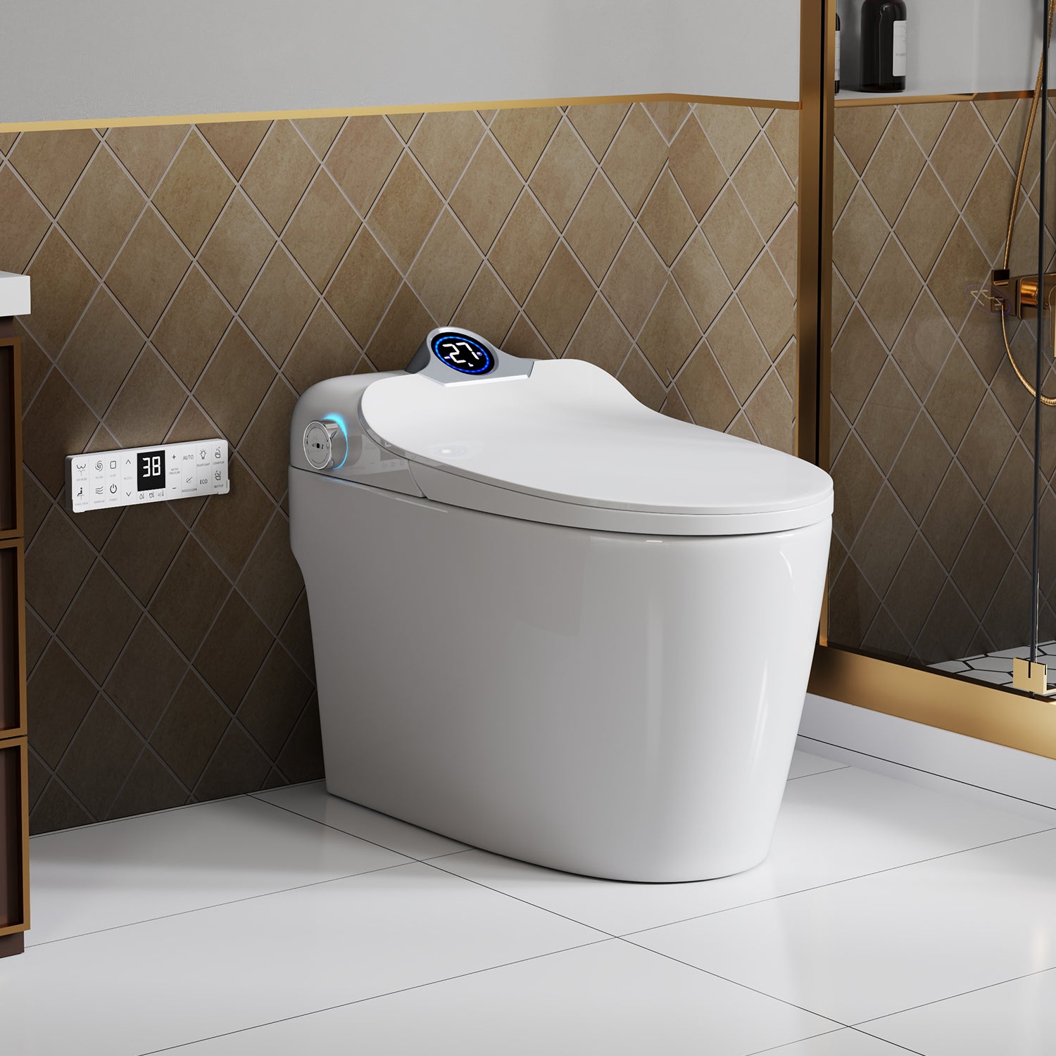 Smart Toilet Bidet Combo with Foot Sensor Open Cover/Seat, Self-Cleaning Nozzle, LED Display, Three Level Heated Seat/Airflow, Night Light, Knob Control, Soft Close, Auto Flush, with Remote Control