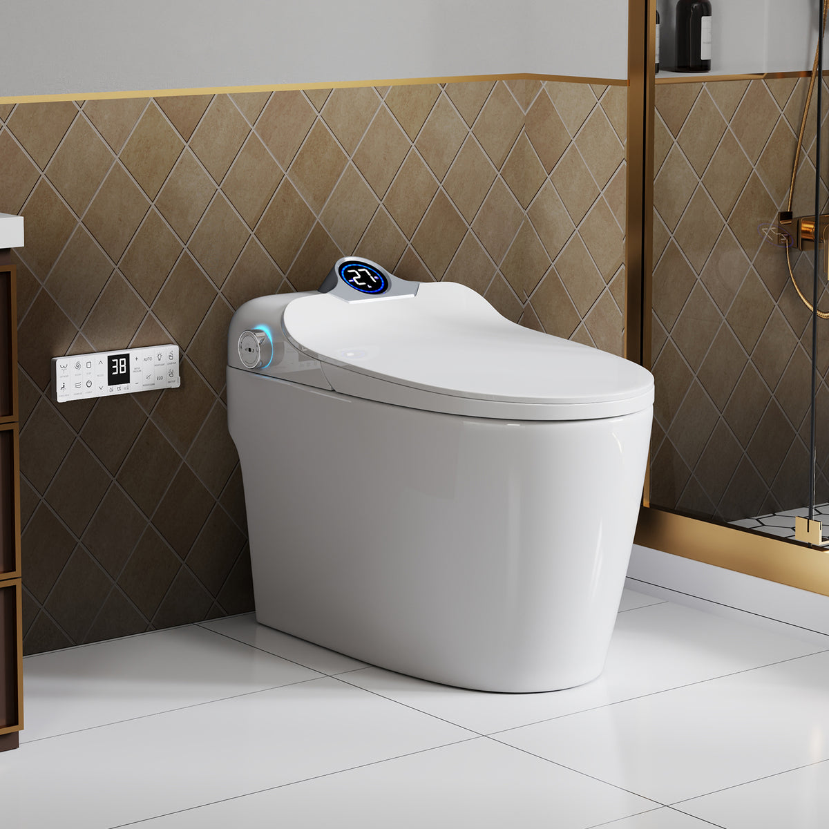 Smart Toilet Bidet Combo with Foot Sensor Open Cover/Seat, Self-Cleaning Nozzle, LED Display, Three Level Heated Seat/Airflow, Night Light, Knob Control, Soft Close, Auto Flush, with Remote Control