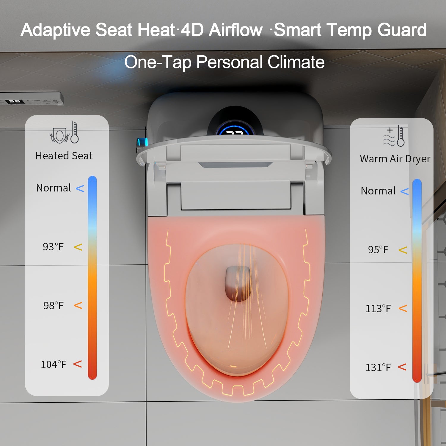 Smart Toilet Bidet Combo with Foot Sensor Open Cover/Seat, Self-Cleaning Nozzle, LED Display, Three Level Heated Seat/Airflow, Night Light, Knob Control, Soft Close, Auto Flush, with Remote Control