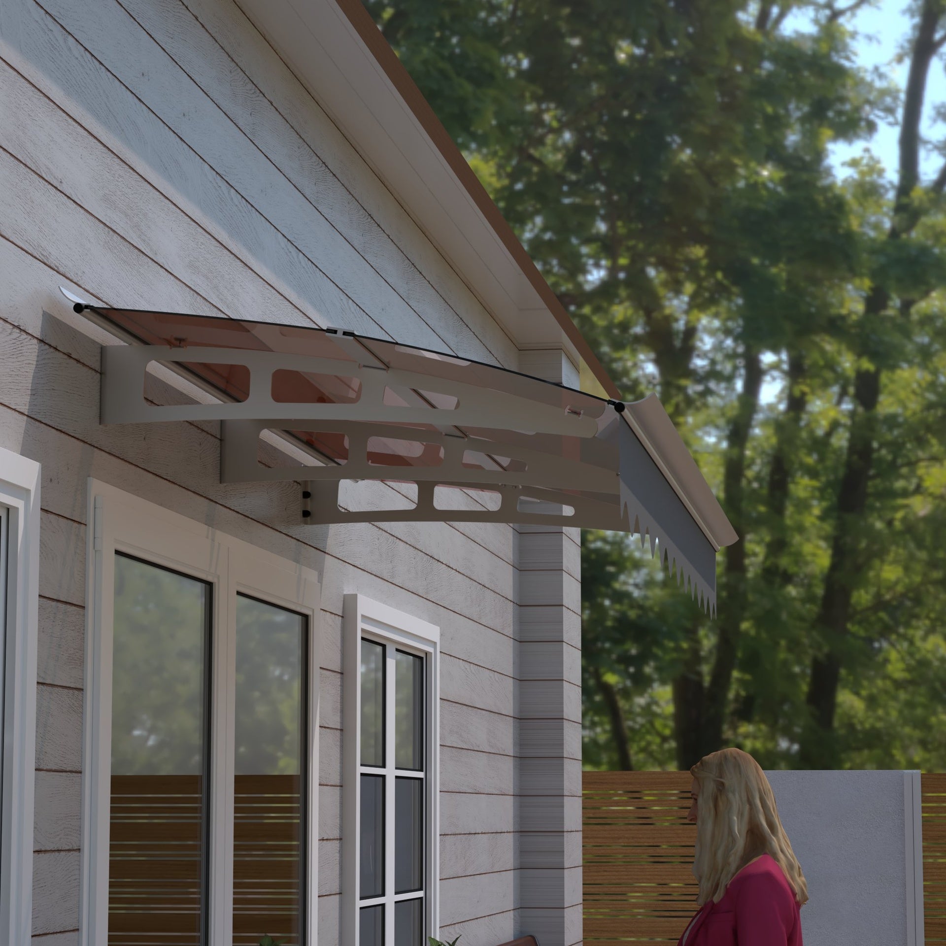 79" x 34" Window Awnings Door Entrance Canopy, Aluminum Alloy Bracket, 0.137 Inch Thick Crystal Solid Polycarbonate Sheet with Valance for Wooden Wall House (DA7934W Series Brown Roof)