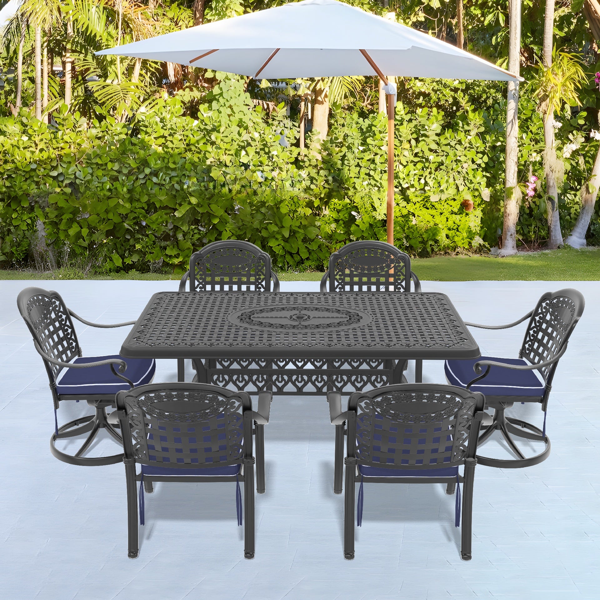 7-Piece All-Weather Cast Aluminum Dining Set, Include 2 Swivel Chairs,4 Dining Chairs and Rectangular Table With Black Frame
