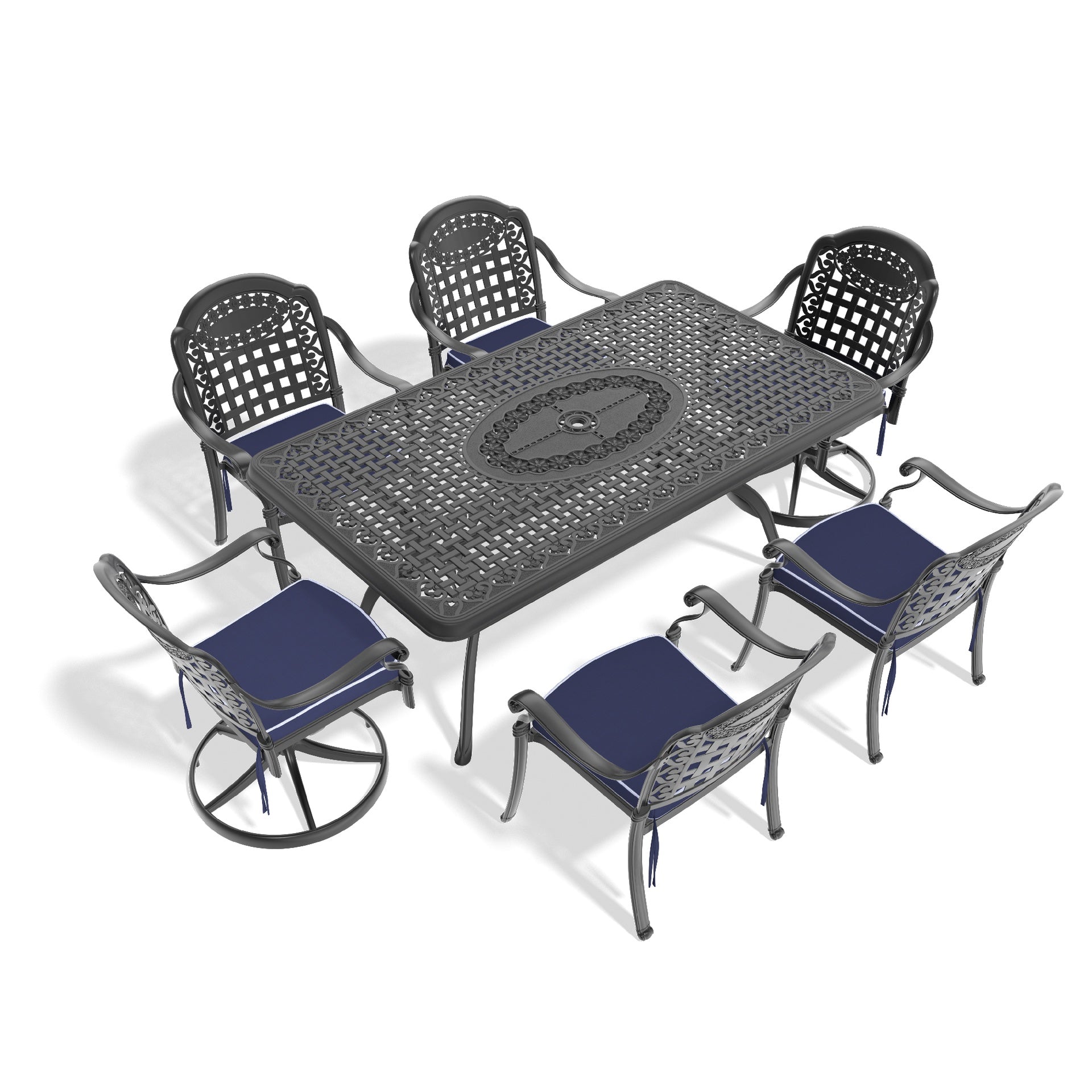 7-Piece All-Weather Cast Aluminum Dining Set, Include 2 Swivel Chairs,4 Dining Chairs and Rectangular Table With Black Frame