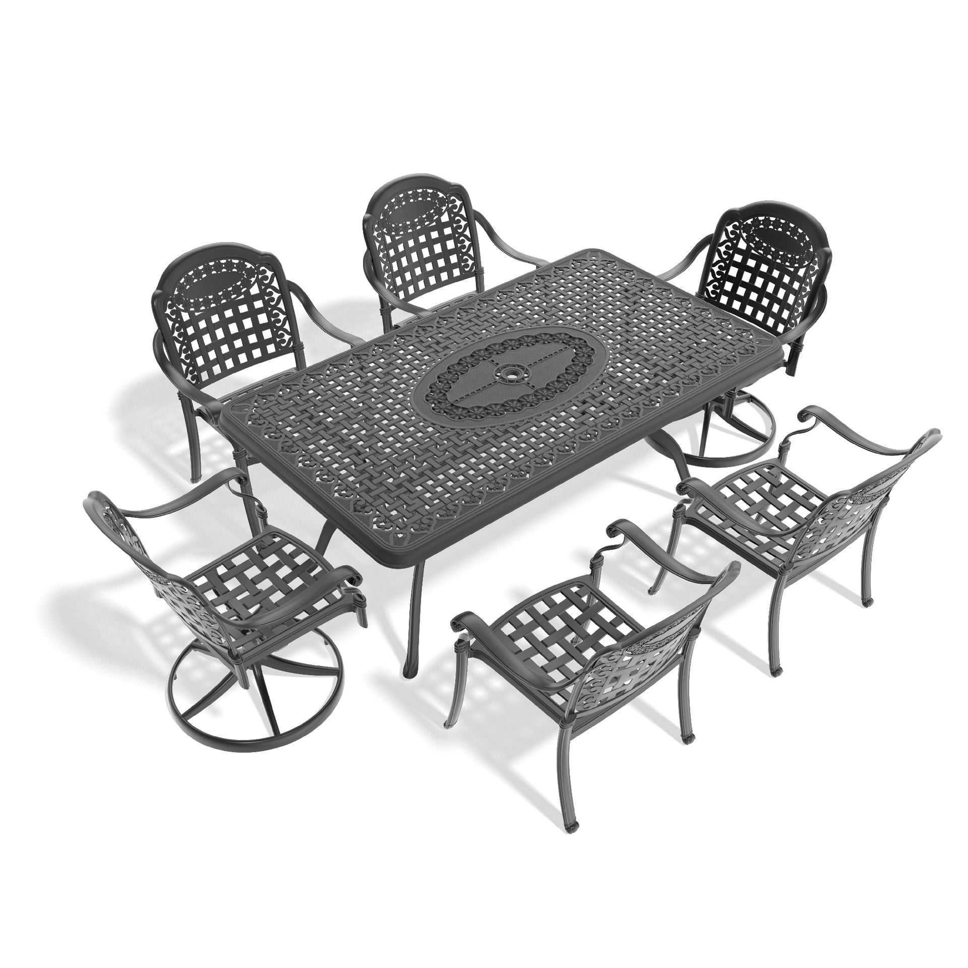 7-Piece All-Weather Cast Aluminum Dining Set, Include 2 Swivel Chairs,4 Dining Chairs and Rectangular Table With Black Frame