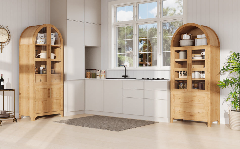K&K 71" Tall Arched Kitchen Pantry Cabinet with Door Shelves, Farmhouse Kitchen Storage Cabinet with Open & Adjustable Shelves, Hidden Drawer & Glass Door, Cupboard for Kitchen, Dining Room, Natural