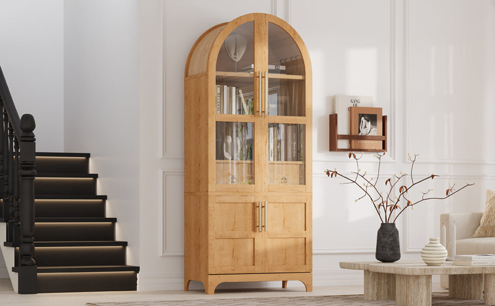 K&K 71" Tall Arched Kitchen Pantry Cabinet with Door Shelves, Farmhouse Kitchen Storage Cabinet with Open & Adjustable Shelves, Hidden Drawer & Glass Door, Cupboard for Kitchen, Dining Room, Natural