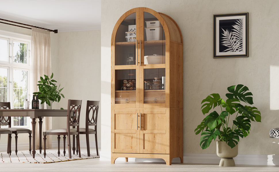 K&K 71" Tall Arched Kitchen Pantry Cabinet with Door Shelves, Farmhouse Kitchen Storage Cabinet with Open & Adjustable Shelves, Hidden Drawer & Glass Door, Cupboard for Kitchen, Dining Room, Natural