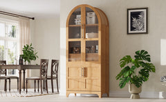 K&K 71" Tall Arched Kitchen Pantry Cabinet with Door Shelves, Farmhouse Kitchen Storage Cabinet with Open & Adjustable Shelves, Hidden Drawer & Glass Door, Cupboard for Kitchen, Dining Room, Natural