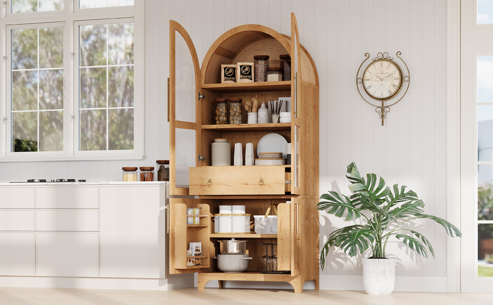 K&K 71" Tall Arched Kitchen Pantry Cabinet with Door Shelves, Farmhouse Kitchen Storage Cabinet with Open & Adjustable Shelves, Hidden Drawer & Glass Door, Cupboard for Kitchen, Dining Room, Natural