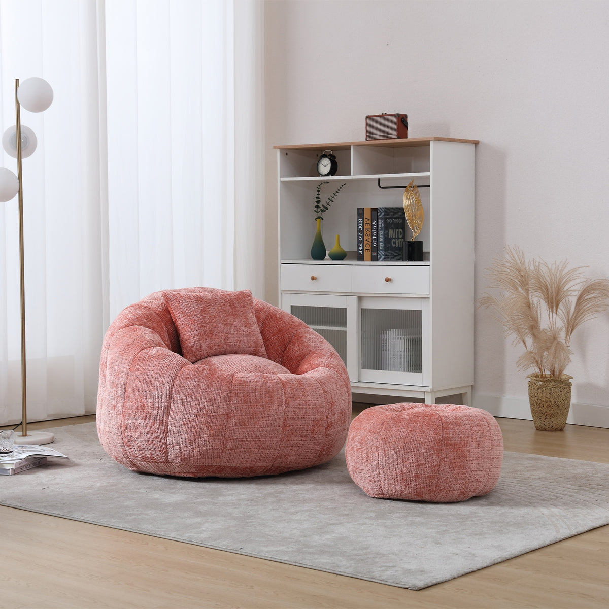 UNITED WE WIN Modern Bean Bag Chairs, Comfy Round Chair for Adults with Ottoman, Leisure Single Sofa Reading Chair with Pillow for Living Room, Bedroom, Apartment