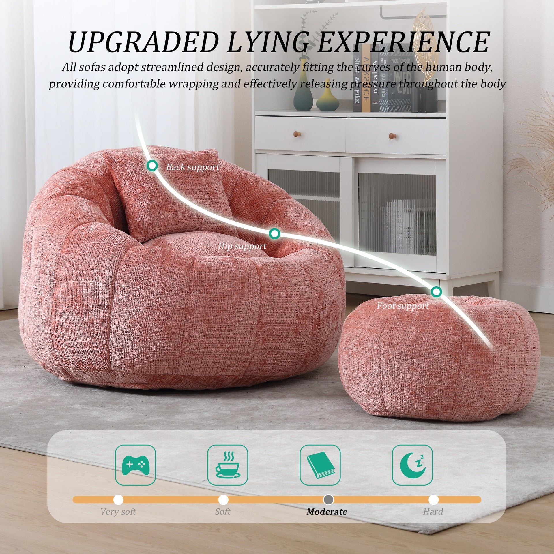 UNITED WE WIN Modern Bean Bag Chairs, Comfy Round Chair for Adults with Ottoman, Leisure Single Sofa Reading Chair with Pillow for Living Room, Bedroom, Apartment