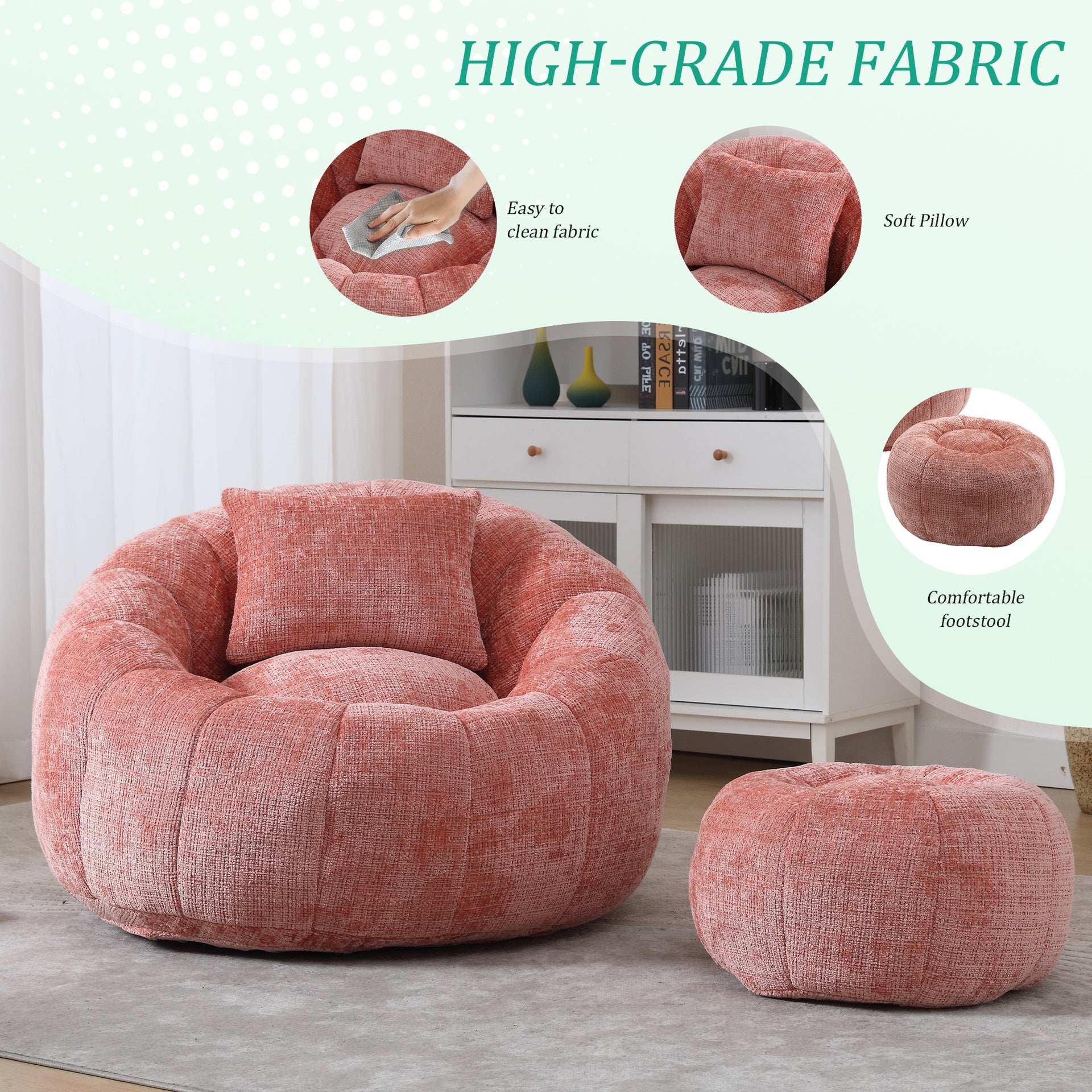 UNITED WE WIN Modern Bean Bag Chairs, Comfy Round Chair for Adults with Ottoman, Leisure Single Sofa Reading Chair with Pillow for Living Room, Bedroom, Apartment