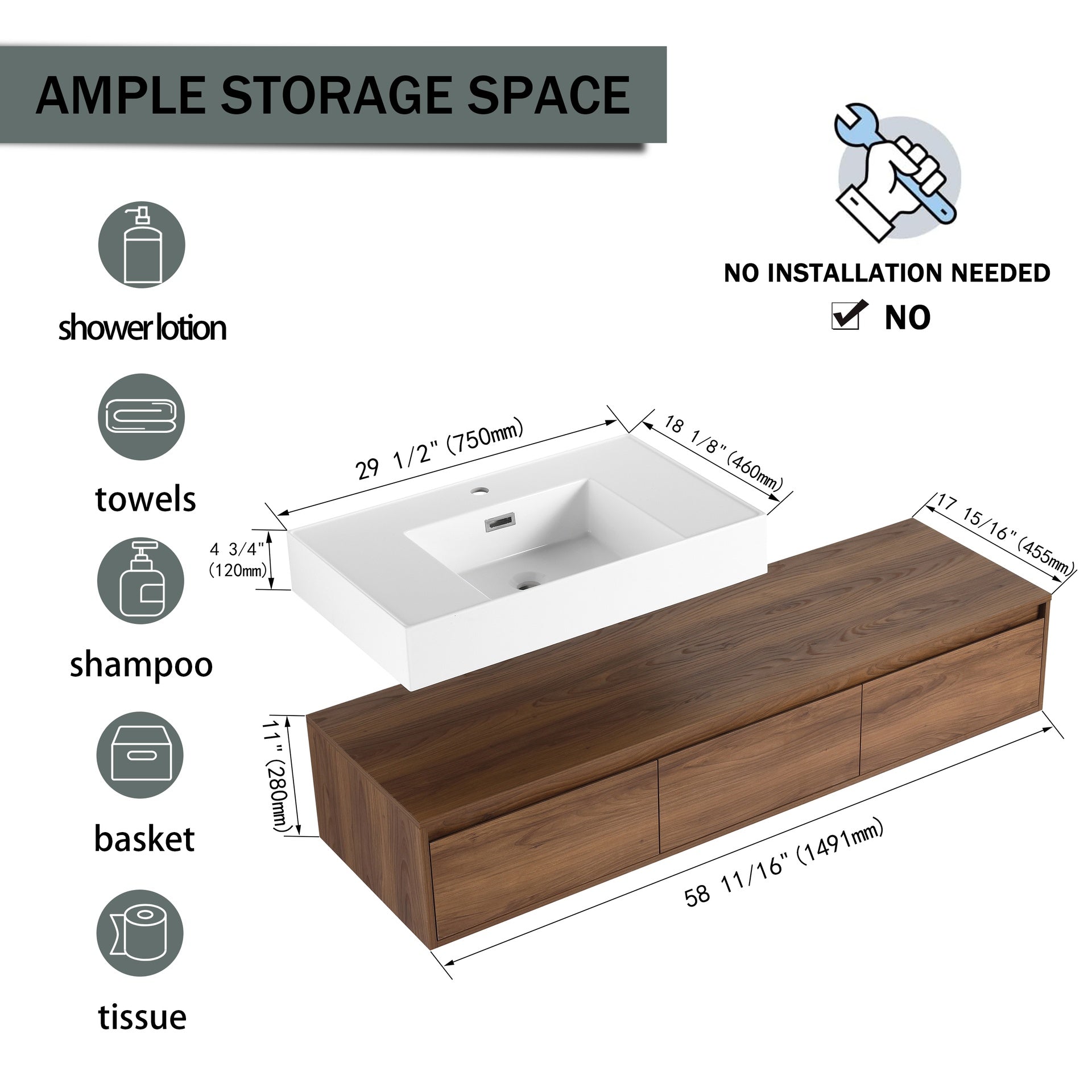 60 inch Wall-Mounted Bathroom  Vanity with Resin Sink,Soft Close Drawer,Float Mounting Design
