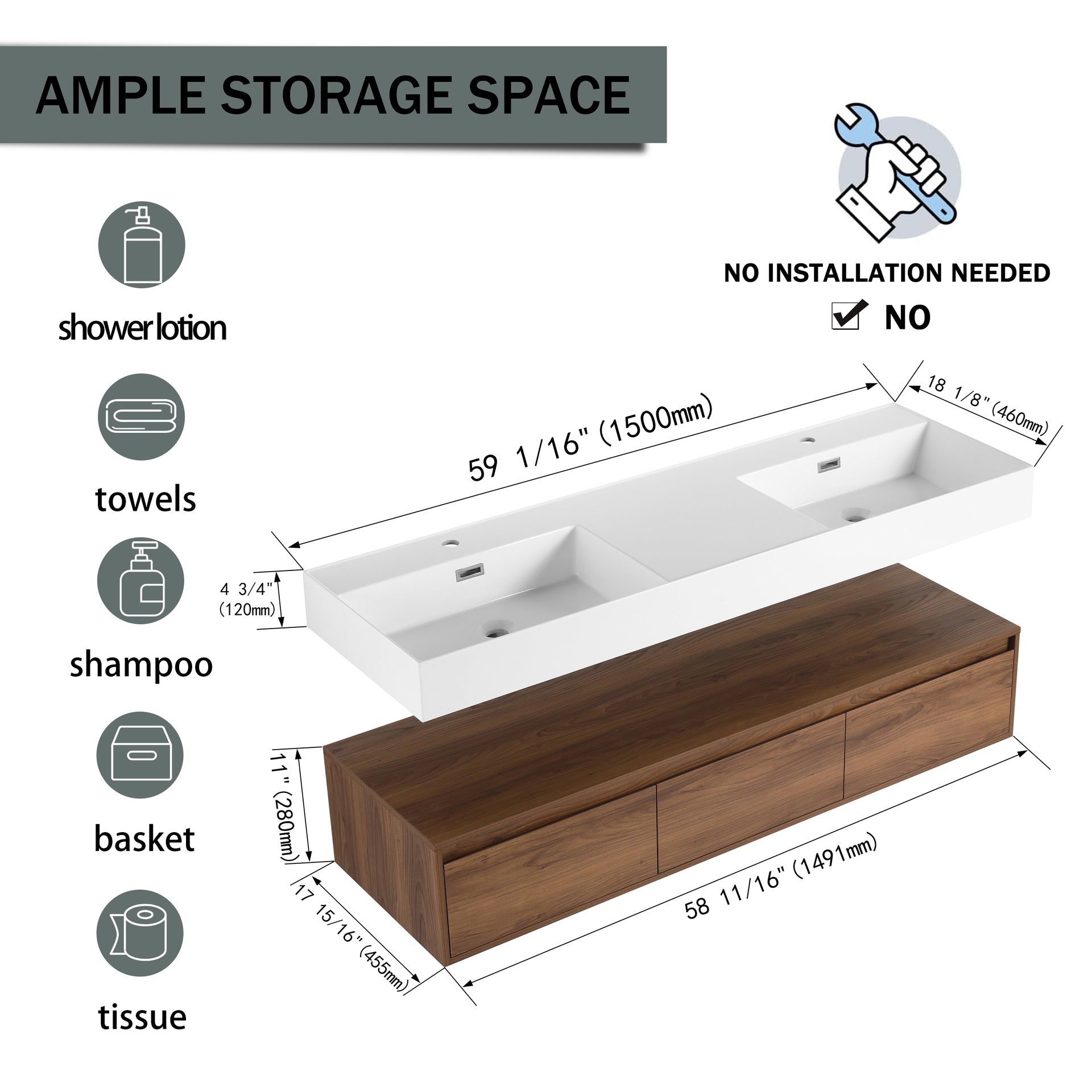 60 inch Wall-Mounted Bathroom  Vanity with Resin Sink,Soft Close Drawer,Float Mounting Design