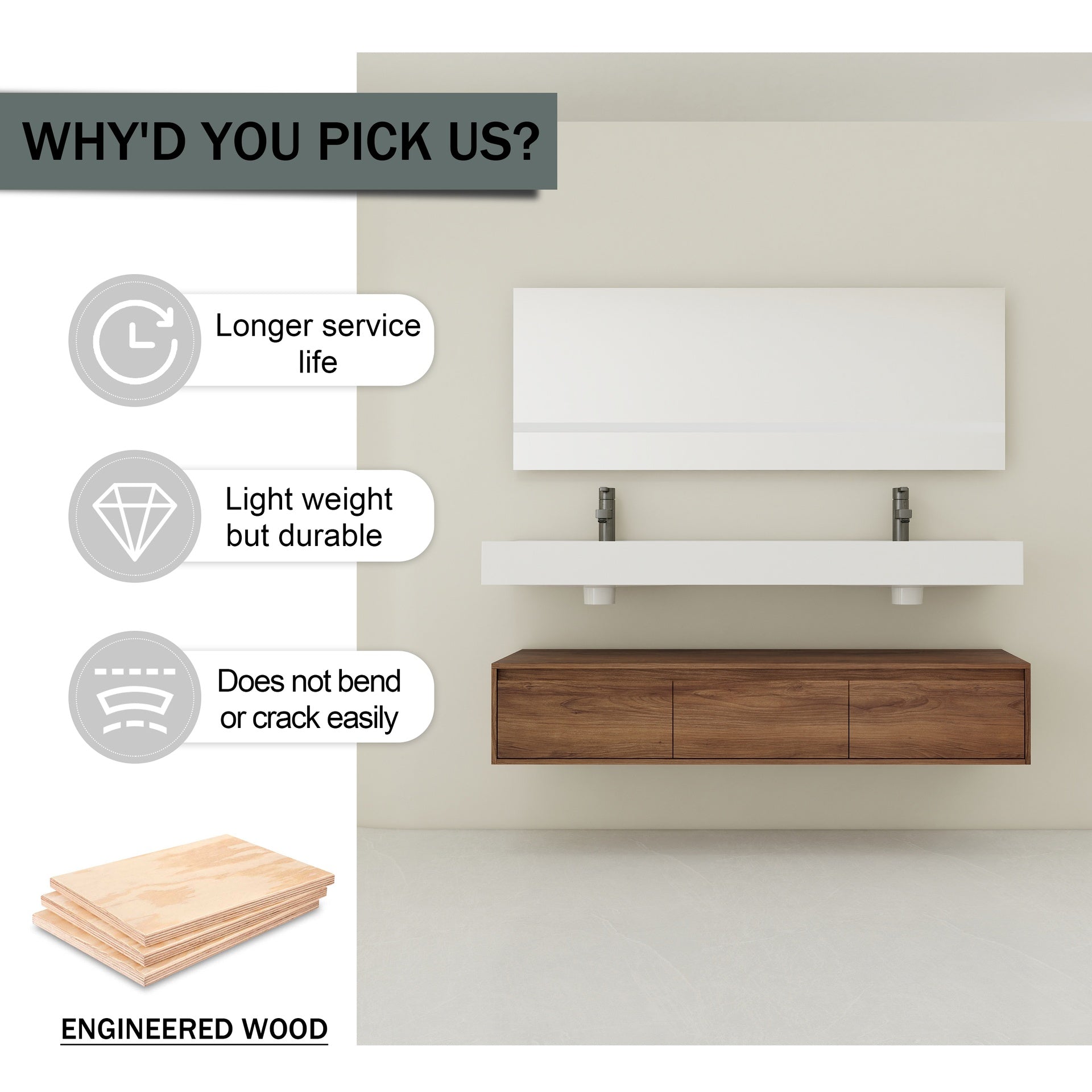 60 inch Wall-Mounted Bathroom  Vanity with Resin Sink,Soft Close Drawer,Float Mounting Design