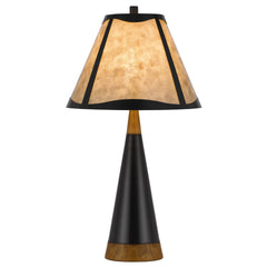 30 Inch 3 Way Table Lamp, Beige Mica Shade, Rubberwood and Black Metal Body