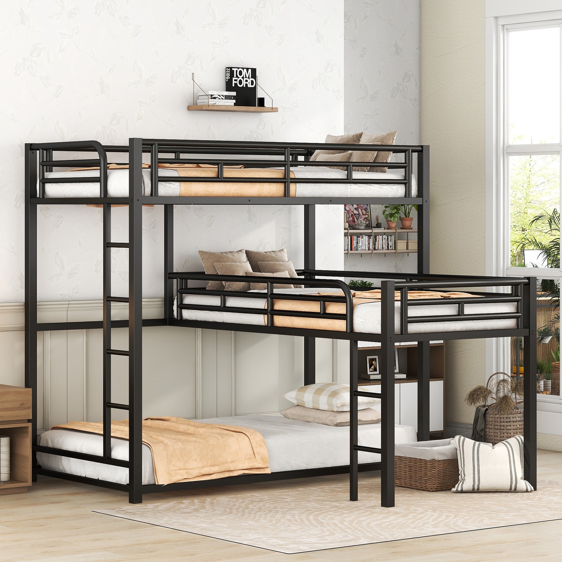 L-shaped Metal Triple Twin Size Bunk Bed, Black(OLD SKU:MF285891AAB)(ETA:3.9)