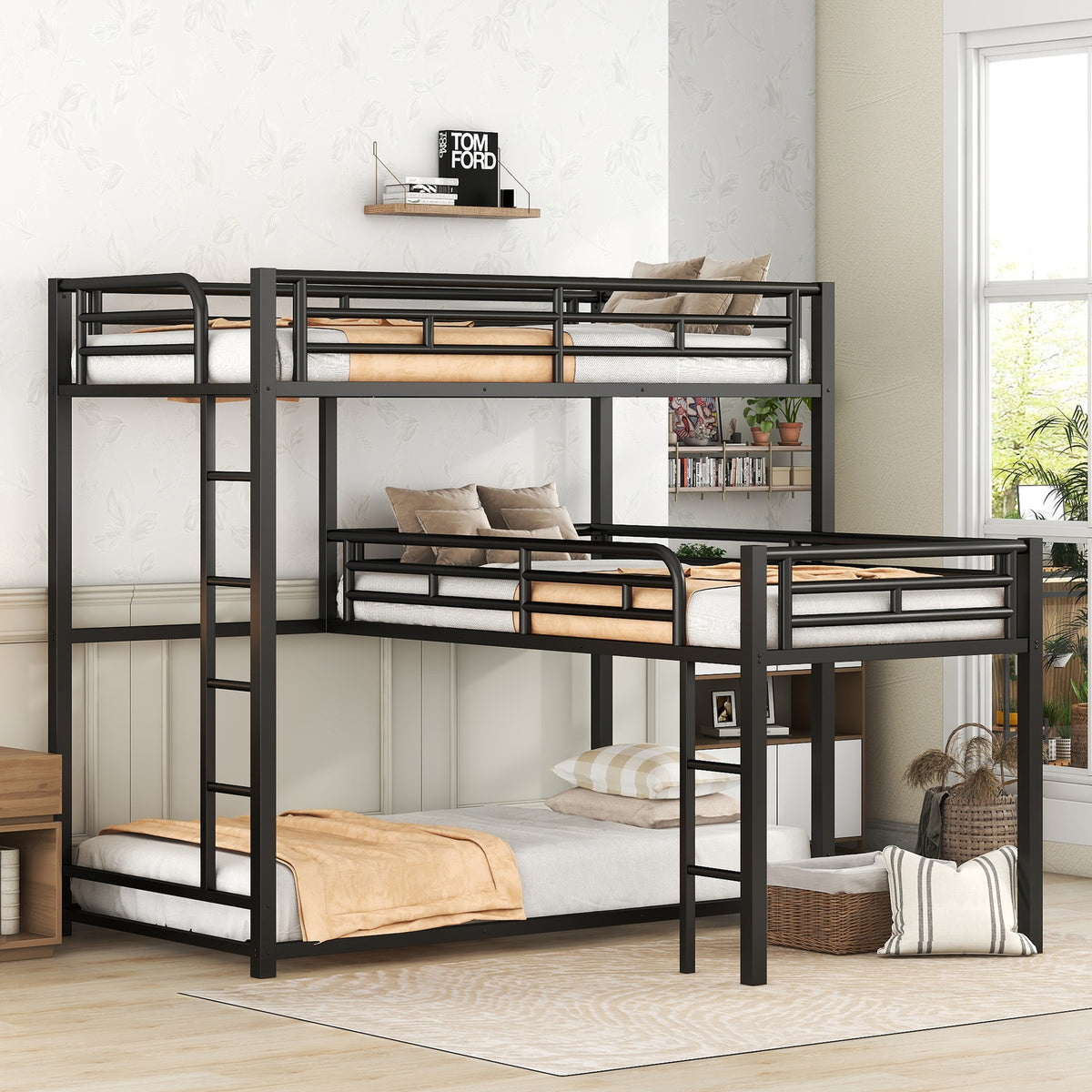 L-shaped Metal Triple Twin Size Bunk Bed, Black(OLD SKU:MF285891AAB)(ETA:3.9)