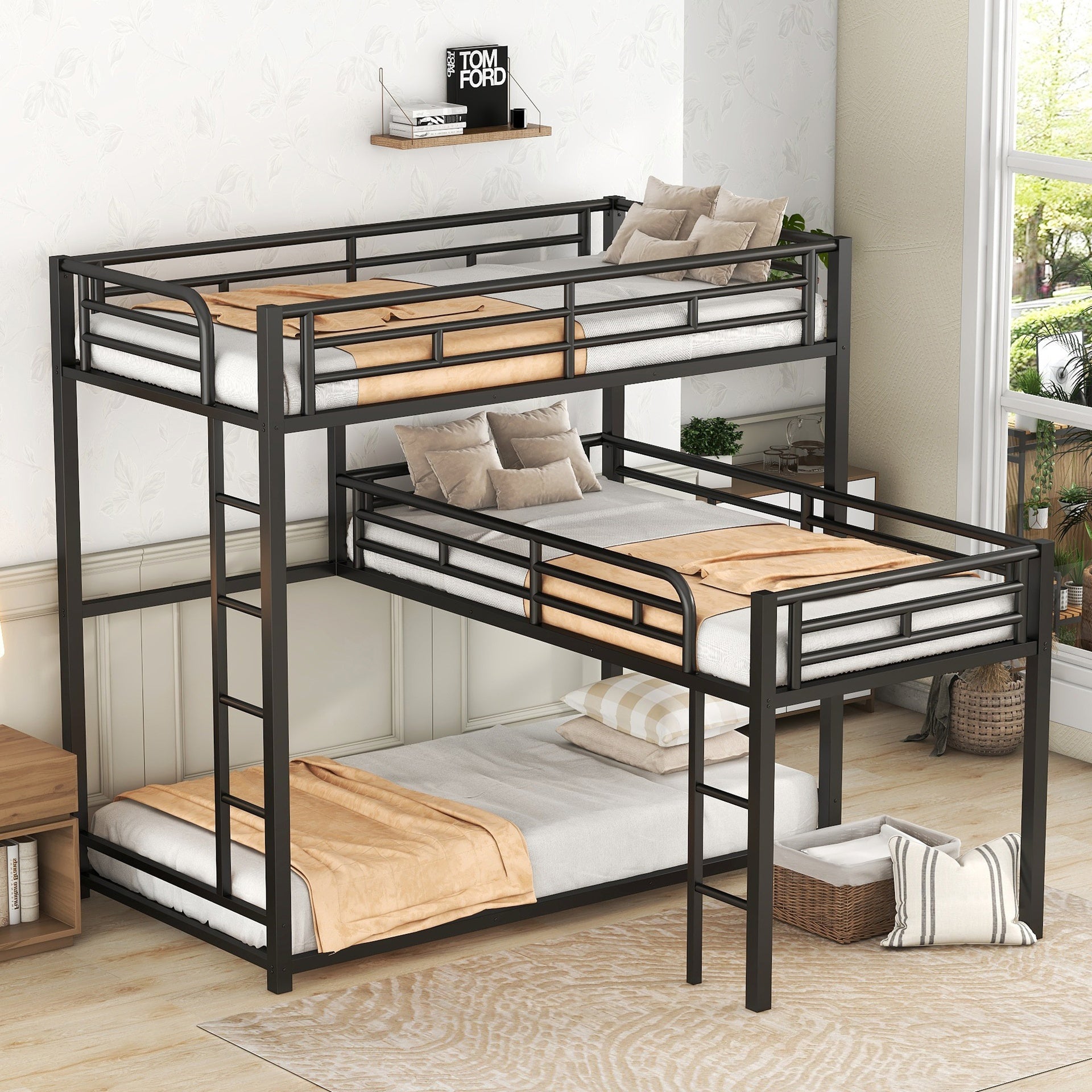 L-shaped Metal Triple Twin Size Bunk Bed, Black(OLD SKU:MF285891AAB)(ETA:3.9)