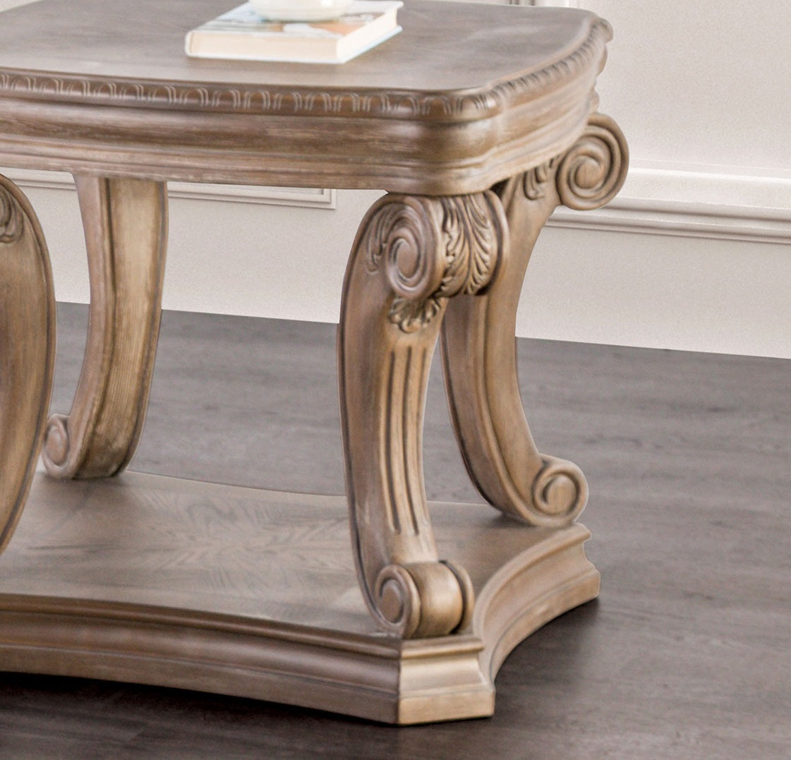 Traditional Style Oak Finish End Table With Scroll Legs open Storage Carved Details Coffee Table-Not Included