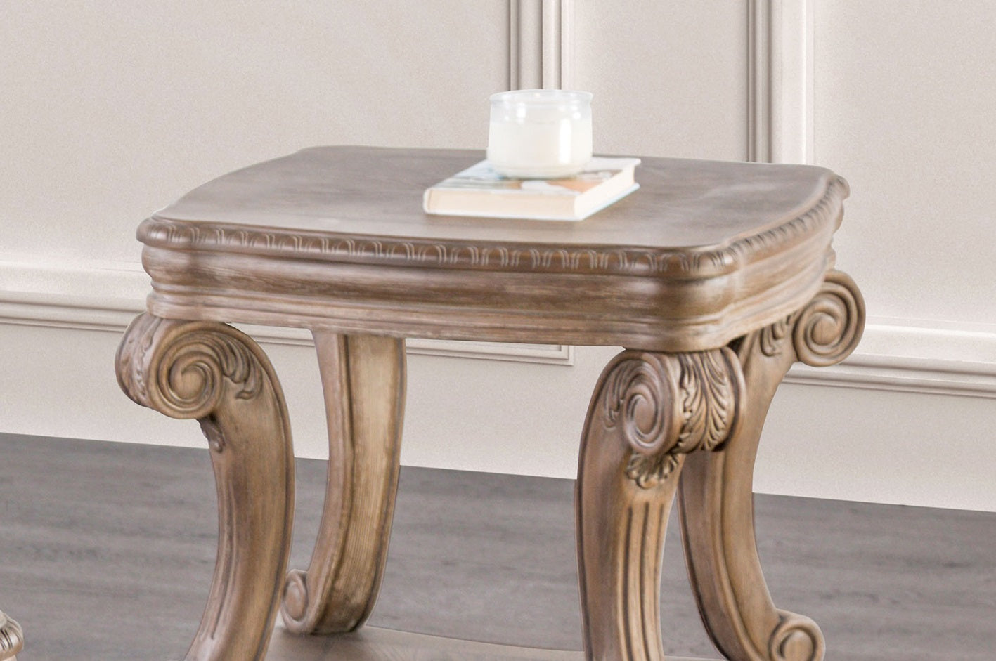 Traditional Style Oak Finish End Table With Scroll Legs open Storage Carved Details Coffee Table-Not Included
