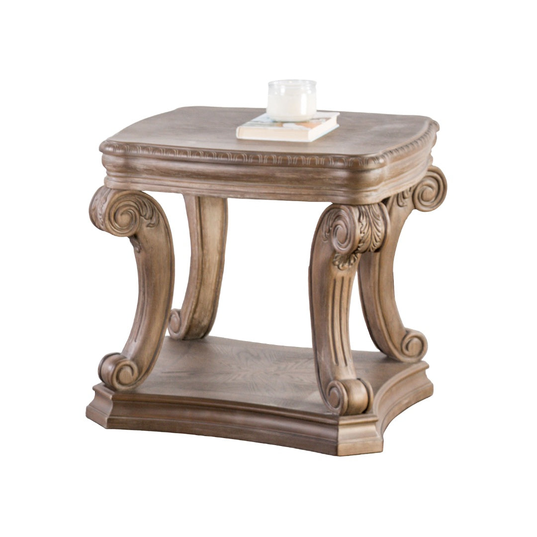 Traditional Style Oak Finish End Table With Scroll Legs open Storage Carved Details Coffee Table-Not Included