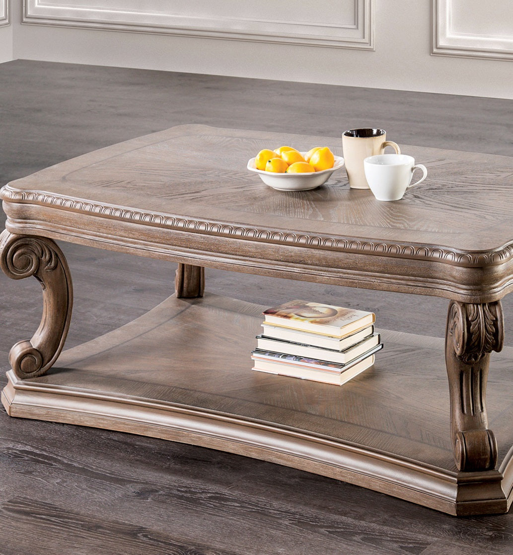 Dentil Moldings Traditional Style Coffee Table With Scroll Carved Details Legs And Open Bottom Shelf Living Room Oak Finish