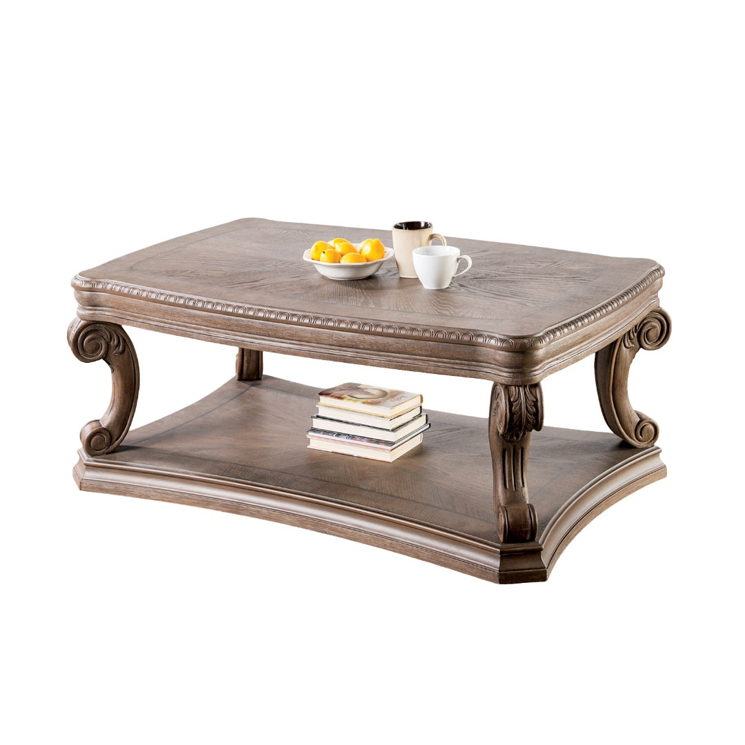 Dentil Moldings Traditional Style Coffee Table With Scroll Carved Details Legs And Open Bottom Shelf Living Room Oak Finish