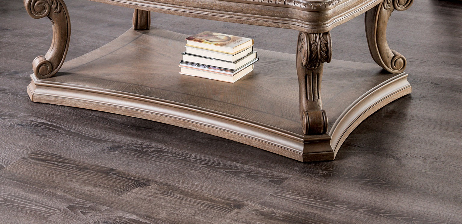 Dentil Moldings Traditional Style Coffee Table With Scroll Carved Details Legs And Open Bottom Shelf Living Room Oak Finish