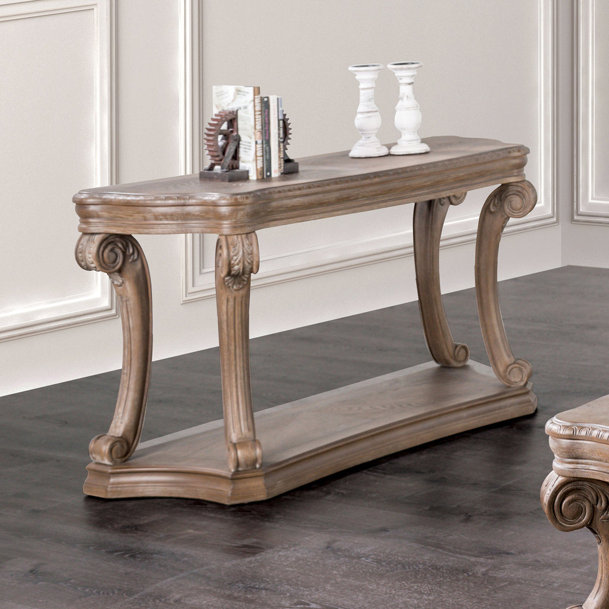 1pc Sofa Table Transitional Style Large Open Shelf Scroll Legs Dentil Moldings Oak Finish Coffee Table-Not Included