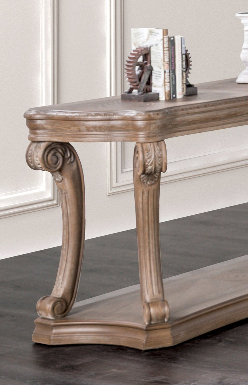 1pc Sofa Table Transitional Style Large Open Shelf Scroll Legs Dentil Moldings Oak Finish Coffee Table-Not Included