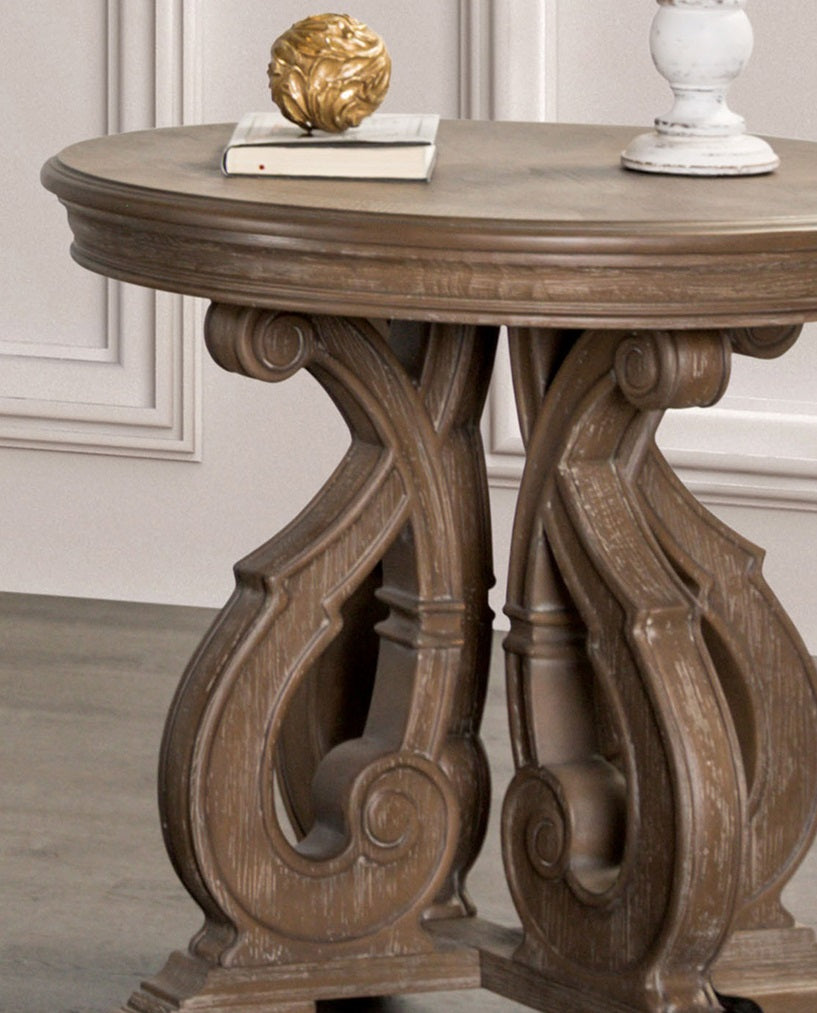 Traditional Style 1pc Round End Table Curved Scroll Legs Carved Design Solid Wood Structure Oak Finish