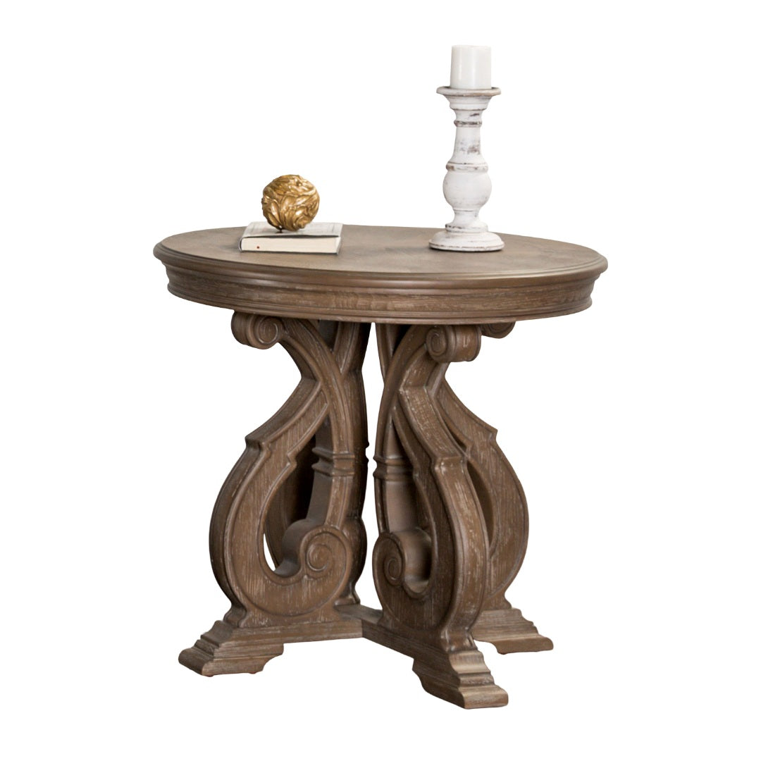 Traditional Style 1pc Round End Table Curved Scroll Legs Carved Design Solid Wood Structure Oak Finish