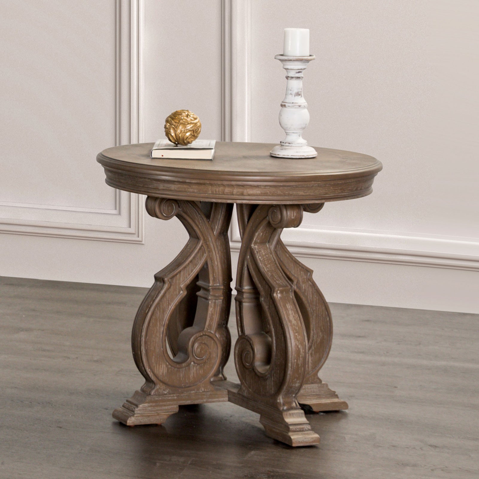 Traditional Style 1pc Round End Table Curved Scroll Legs Carved Design Solid Wood Structure Oak Finish