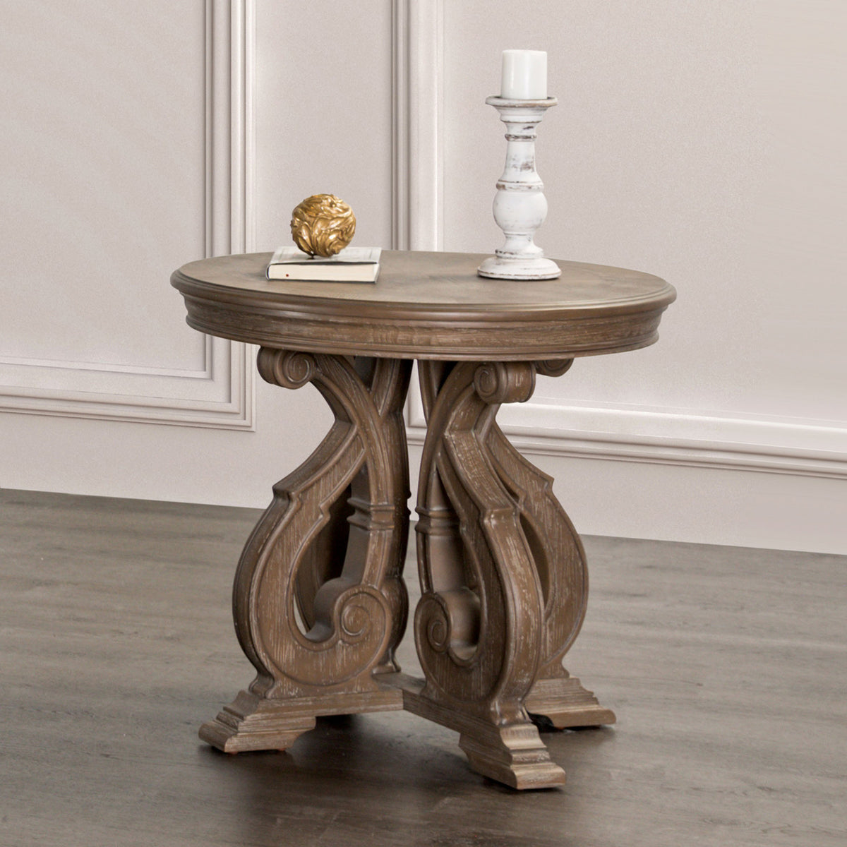 Traditional Style 1pc Round End Table Curved Scroll Legs Carved Design Solid Wood Structure Oak Finish