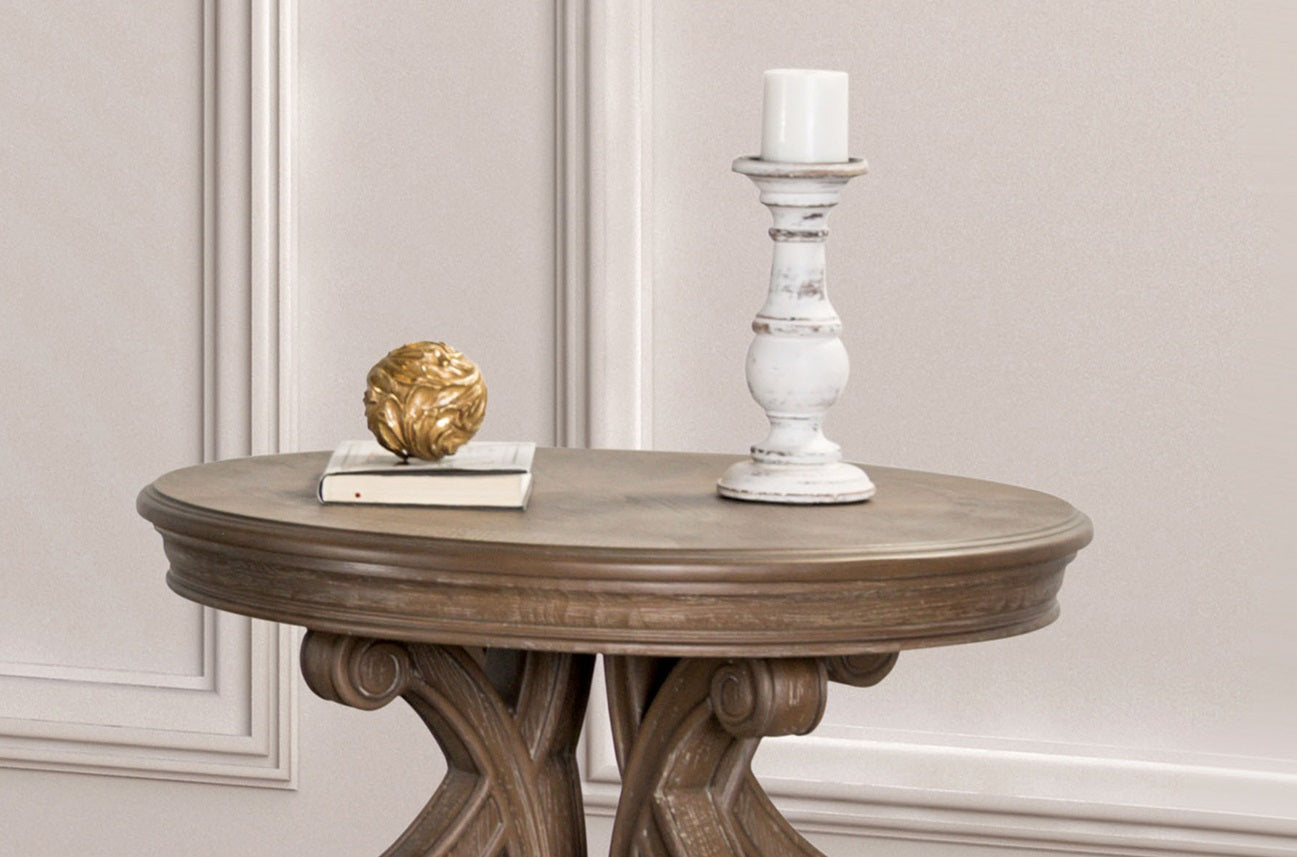 Traditional Style 1pc Round End Table Curved Scroll Legs Carved Design Solid Wood Structure Oak Finish