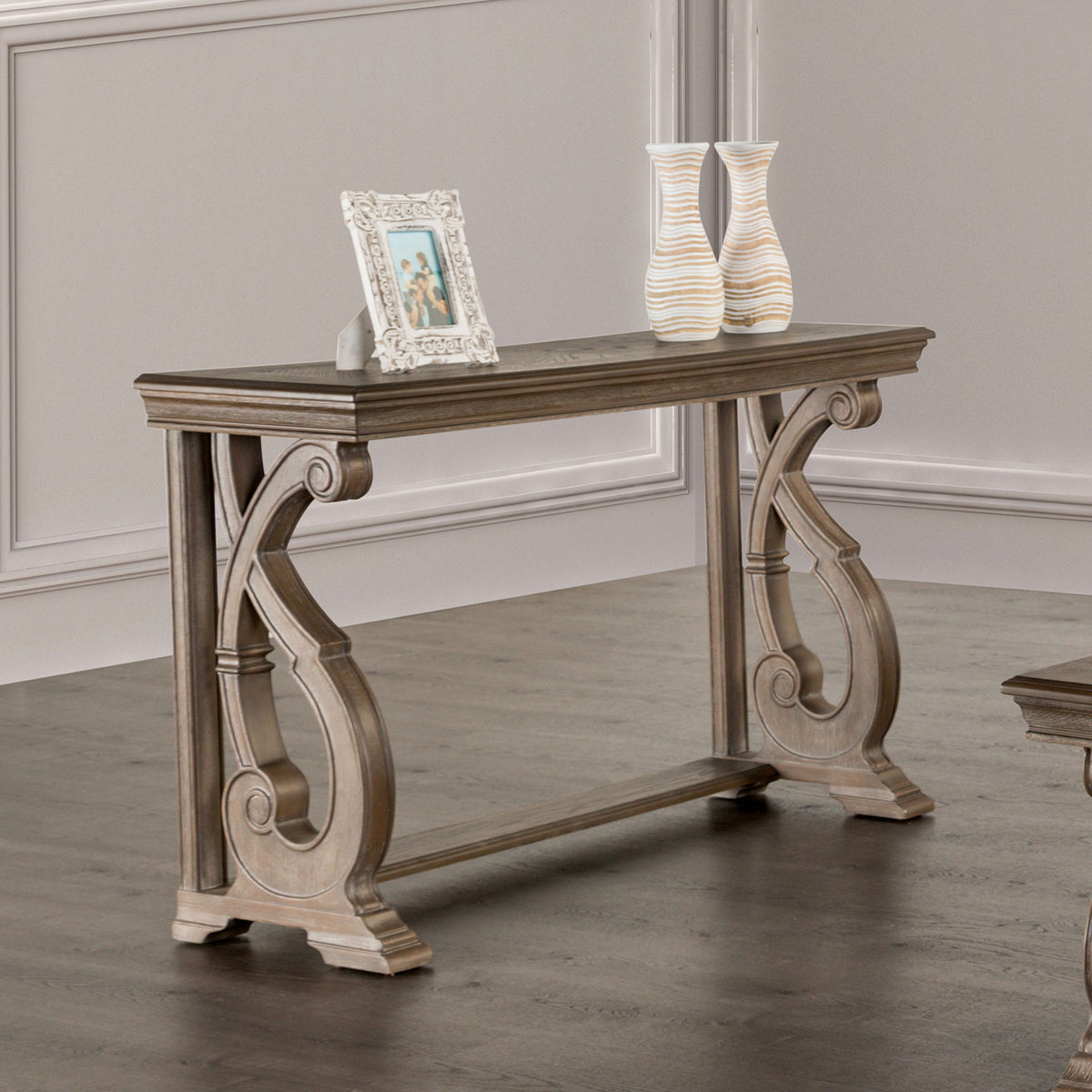 Traditional Style Sofa Table Solid Wood Structure Curved Scroll Legs With Carved Design Weather Oak Finish