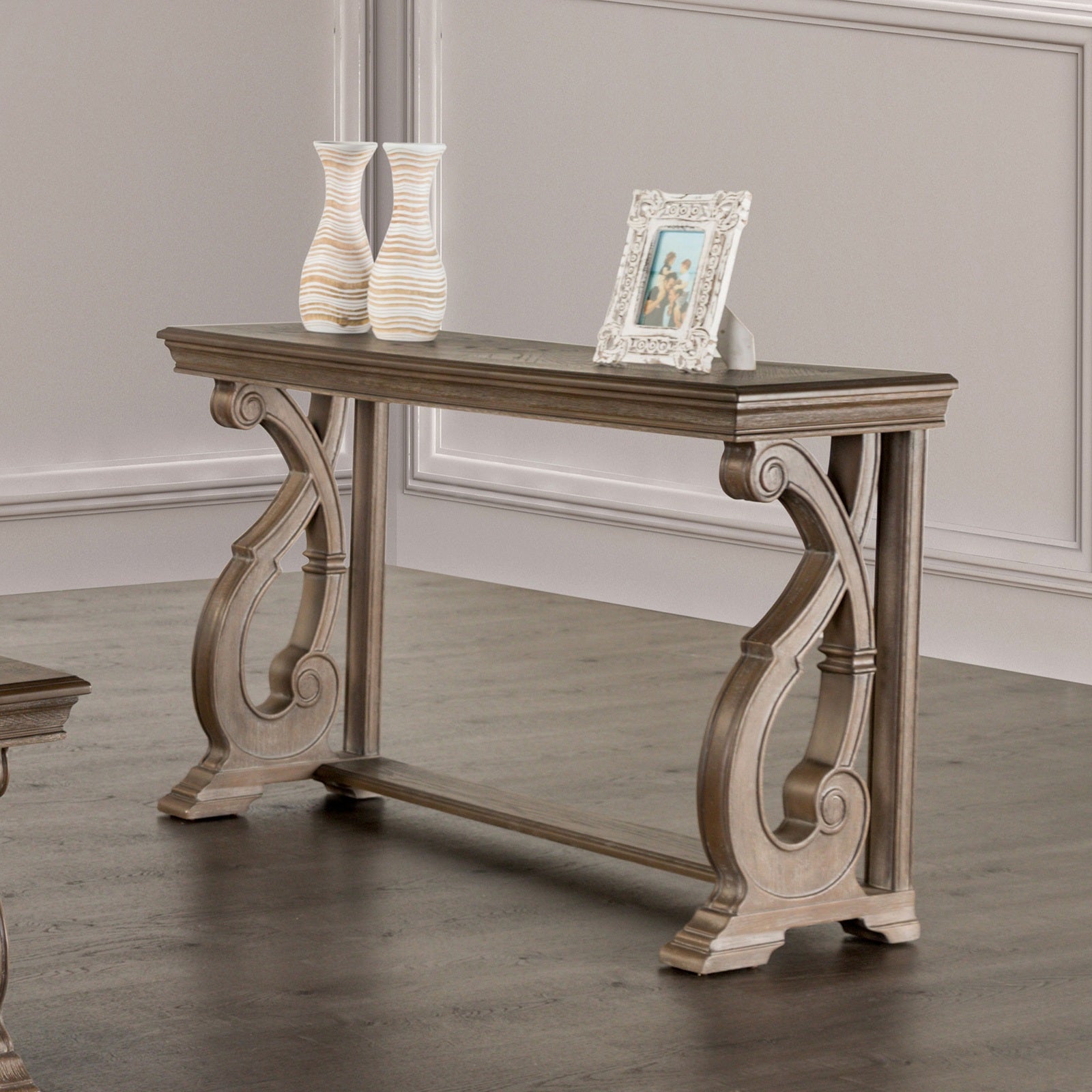 Traditional Style Sofa Table Solid Wood Structure Curved Scroll Legs With Carved Design Weather Oak Finish