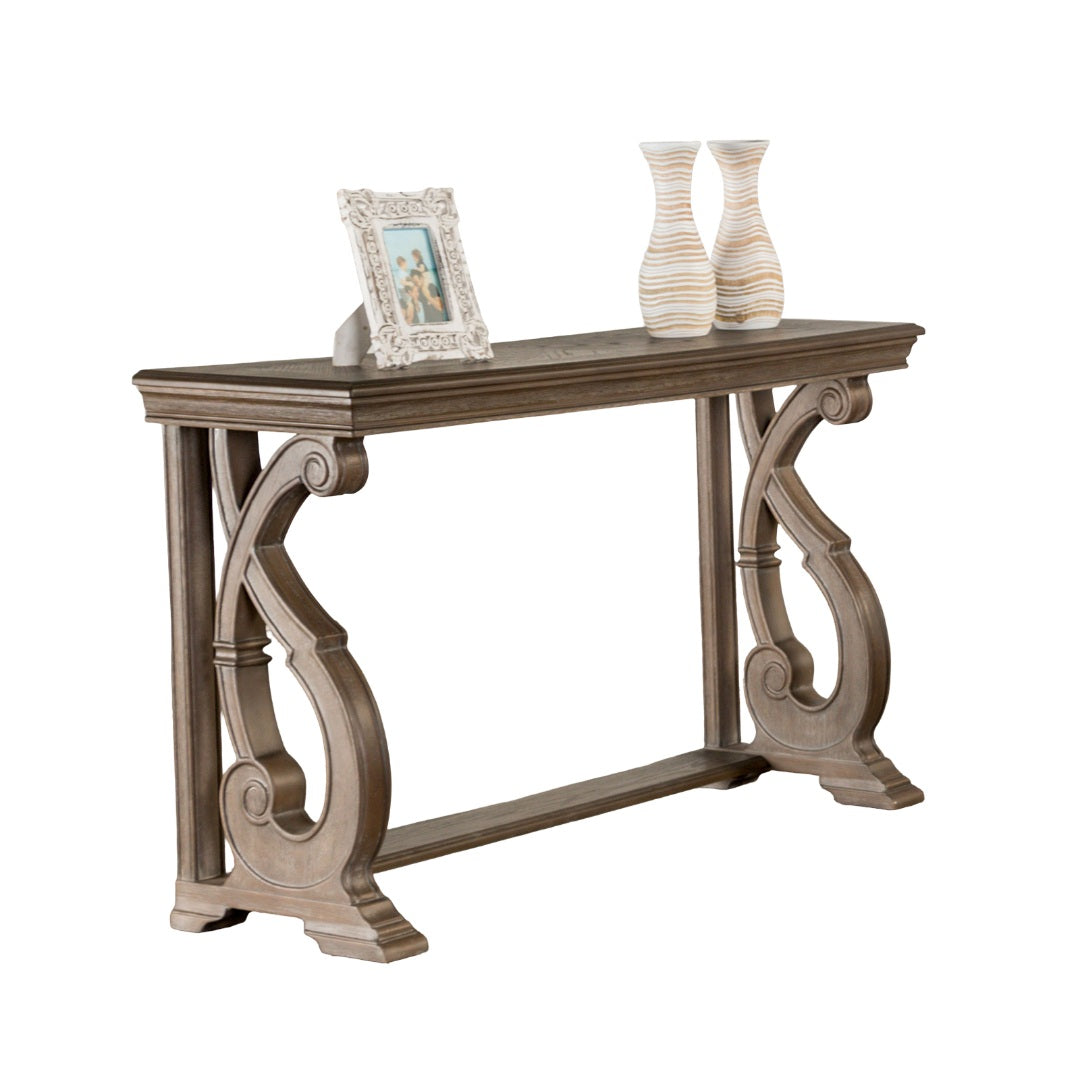 Traditional Style Sofa Table Solid Wood Structure Curved Scroll Legs With Carved Design Weather Oak Finish