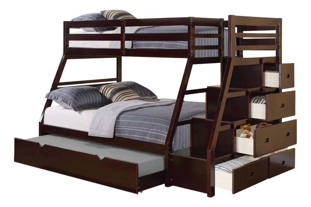 Transitional Style Twin Over Full Bunk Bed With Rails And Lock Joint Structure Built In Drawers And Accessible Steps Slat Kit Included Espresso Finish Trundle Include
